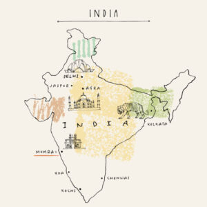 インド　地図　イラスト　ムンバイ　タージマハル　デリー